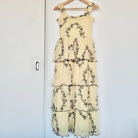 Ganni Pleated Georgette Flounce Smock Midi Dress in Floral Shadow Flan Sz 38 - Picture 4 of 15